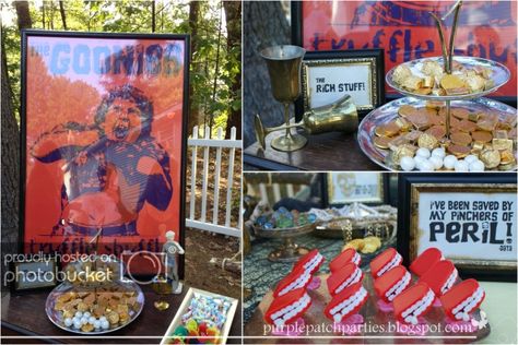 The Purple Patch: The Goonies Backyard Movie Night Goonies Birthday, Goonies Party, Halloween Movie Night Party, Baby Ruth Bars, Goonies Movie, Backyard Movie Party, Movie Night Theme, 50th Birthday Party Decorations, Movie Night Snacks