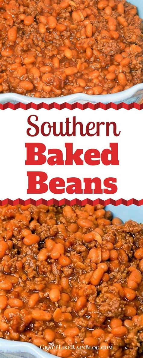 Southern Baked Beans are the perfect side dish for your summer BBQ or holiday get-together. These oven-baked beans with ground beef and onions are a little bit sweet and a little bit spicy. This is a family-favorite dish that is requested over and for holiday dinners. | Southern Baked Beans with Ground Beef | Southern Side Dishes | Holiday Sides | Thanksgiving dinner | Christmas Dinner | Baked Beans with hamburger meat | #thanksgiving #christmas #sidedishes Baked Beans With Hamburger Meat, Beans With Hamburger Meat, Baked Beans With Hamburger, Baked Beans With Ground Beef, Beans With Ground Beef, Southern Baked Beans, Sides Thanksgiving, Beef And Onions, Baked Beans Crock Pot