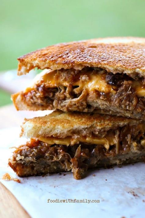 Pork Belly Grilled Cheese, Pulled Pork Grilled Cheese Sandwiches, Pulled Pork Grilled Cheese, Pork Grilled Cheese, Toasted Cheese Sandwich, Cheesy Recipes Easy, Slow Roasted Pork Shoulder, Toasted Cheese, Sandwiches Grilled