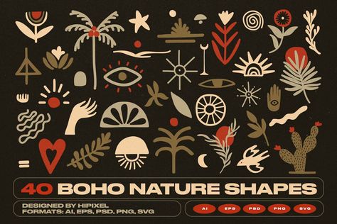 40 Boho Nature Shapes, Objects ft. boho & nature - Envato Elements Boho Graphic Design, Nature Shapes, Bohemian Logo, Boho Nature, Nature Art Prints, Vector Shapes, Envato Elements, Vintage Logo, Shape Design