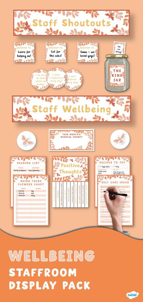 This beautiful Staff Wellbeing Display Pack has everything you need for a calming corner in your staffroom! Designed with beautiful, buzzing bees and flowers, the resources are sure to brighten your wall and your day! The resources focus on the wellbeing of you and your colleagues and the activities encourage the spreading of kindness and positivity! Wellbeing Board School, Wellbeing At Work Ideas, Wellbeing Ideas For Work, Staff Room Well Being Board, Well Being Classroom Displays, Wellbeing Display Boards For Staff, Kudos Board For Work Ideas, Staff Highlight Board, Team Recognition Board