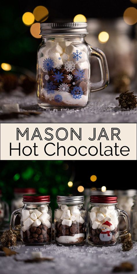 This easy mason jar hot chocolate recipe makes the best DIY hot cocoa Christmas gift. Completely customizable homemade hot chocolate mix that can be made in small, single serve mason jars or in a large jar for a bunch of people. Diy Hot Chocolate Jar, Christmas Mixes In A Jar, Diy Hot Cocoa Mix Recipes Mason Jars, Mason Jar Beverages, Diy Hot Cocoa Mix Gift, Hot Chocolate Recipes In A Jar, Mini Hot Chocolate Cups, Mason Jar Hot Chocolate Mix Recipes, Cookie Mix In A Jar Christmas