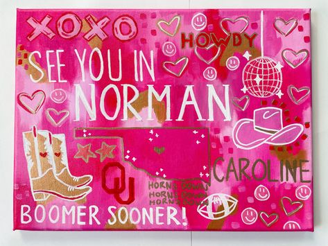 University Painting, Ou Painting, Ou Dorm University Of Oklahoma, College Dorm Paintings, College Canvas Art, Dorm Canvas Art, Preppy Artwork, Dorm Canvas, College Dorm Art