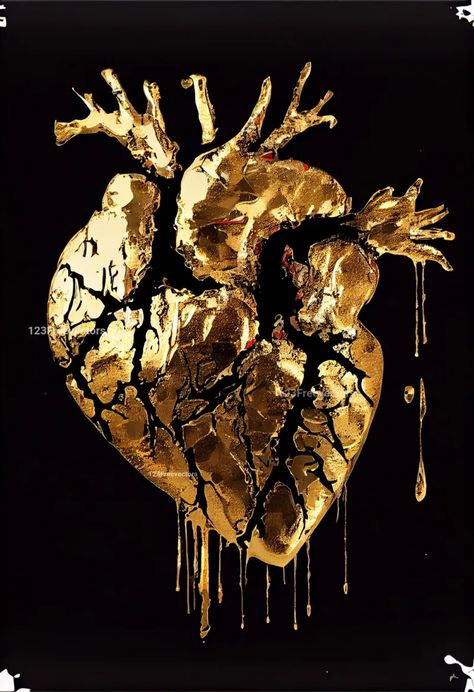 Gold Heart Painting, Gold Aesthetic Drawing, Gold Heart Drawing, Heart Of Gold Aesthetic, Golden Heart Aesthetic, Gold Heart Aesthetic, Dark Gold Aesthetic, Art With Gold Foil, Gold Foil Painting