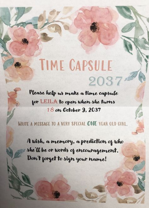 1st Birthday Advice Cards, Time Capsule Notes 1st Birthdays, First Birthday Note Time Capsule, 1st Bday Time Capsule, One Year Time Capsule 1st Birthdays, First Birthday Letters For 18th Birthday, 1st Birthday Party Memory Ideas, Diy Time Capsule First Birthday, 1st Birthday Sentimental Ideas