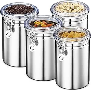 HOMEARRAY Stainless Steel Canister Set with Lids - Airtight Food Storage Canisters for Kitchen Counters, Tea, Sugar, Flour, Coffee Sealable Jars with Locking Clamp - Set of 4 Canisters For Kitchen, Stainless Steel Canister Set, Stainless Steel Food Containers, Kitchen Storage Canisters, Coffee Container, Stainless Steel Containers, Kitchen Canister Set, Mouth Design, Airtight Food Storage