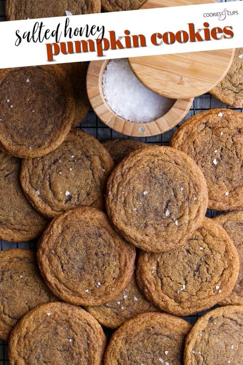 These Salted Honey Chewy Pumpkin Cookies are sweet, buttery, and perfectly pumpkin spiced. A crispy edge and a chewy center using the pan banging technique set these pumpkin cookies apart! #cookiesandcups #pumpkincookies #pumpkinrecipe #fallbaking Pumpkin Cookie Sandwich, Pumpkin Gingerbread Cookies, Chai Cookies Recipe, Chewy Pumpkin Cookies, Pumpkin Gingerbread, Pumpkin Oatmeal Cookies, Holiday Platters, Pumpkin Cookie, Pumpkin Cookies