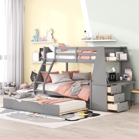 PRICES MAY VARY. 【Space-saving Bunk Beds with Trundle】: The twin over full bunk bed with a twin hideaway trundle bed is easy to create the extra sleep space when needed, It’s suitable for staying with your friends or classmates. The trundle bed includes four 4 easy-glide caster for easy pull out and push in the bed. Perfect addition to any kid or teen's room (or even dorm room) 【Bunk Bed with Storage and Desk】: Our twin over full bunk bed with desk and storage is built with a comfortable sleepin Trundle Bunk Bed Ideas, Teen Room Bunk Beds, Bunk Beds For Teen Girls Room, Full Twin Bunk Beds, Bunk Beds For Girls Room Teenagers, Bunkbed Girls Room, Shared Girls Room Bunk Beds, Bunkbed Girls Room Ideas, Girls Bedroom Ideas Bunk Beds