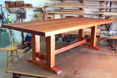 Hand made, custom built Mahogany Dining Table by Nick Offerman. Solid Mahogany Table. Hand rubbed Oil Finish. Made in USA. Mahogany Dining Table, Mahogany Table, Woodworking Table, Log Furniture, Kitchen Tables, Trestle Table, Farmhouse Dining Table, Farmhouse Dining Room, Woodworking Furniture