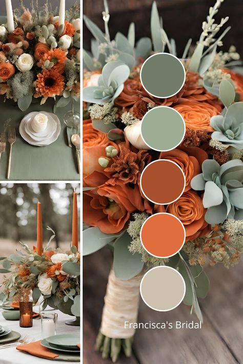 10 Stunning Orange Wedding Color Palette Ideas for Your Special Day - Francisca's Bridal Spring Wedding Burnt Orange, Sage And Orange Wedding Colors, Orange Wedding Colors Summer, Copper Spring Color Palette, Tangerine Wedding Colors, Summer Wedding Schemes Colour Palettes, Fall Wedding Color Themes, Burnt Orange Color Palette Wedding, Burnt Orange Wedding Palette