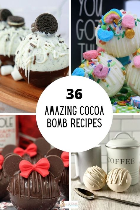 Learn how to make your own DIY hot cocoa bombs recipes for hot chocolate bomb gifts. Explore 36 hot cocoa bomb recipes of all types: vegan, Keto, white chocolate, Valentine's themed, St. Patrick's themed, salted caramel, coffee, and hot cocoa bombs for kids. Included are free printable hot cocoa bomb printable gift tags to elevate your gift packaging. Hot Cocoa Bombshell Diy Easy, Chocolate Bomb Molds Ideas, Cocoa Bomb Gift Packaging, Hot Cocoa Bomb Gift Packaging, Hot Cocoa Bombshell Recipe, Smores Hot Cocoa, Unique Hot Chocolate, Keto White Chocolate, Red Velvet Hot Chocolate