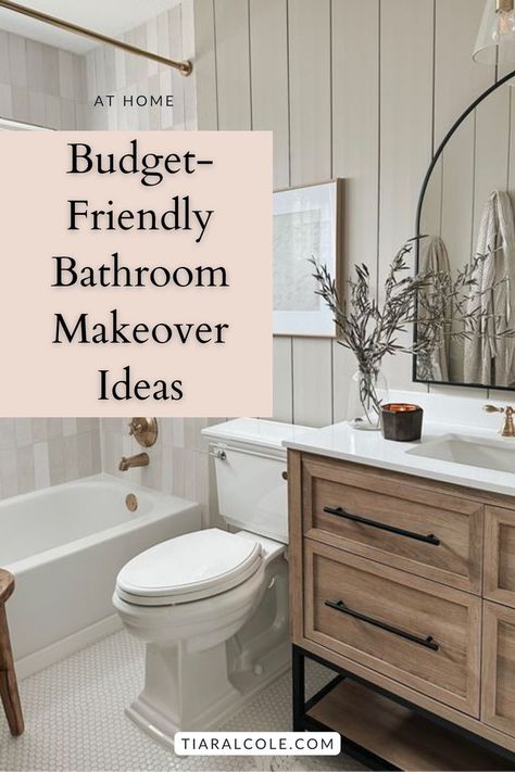 Cozy, affordable bathroom makeover featuring simple upgrades that transform the look without the cost. Bathroom Decor For Old Bathrooms, Tiled Shower Remodel, Guest Bathroom Makeover On A Budget, $100 Bathroom Makeover, How To Elevate Old Bathroom, Clean White Bathroom Ideas, Hall Bathroom Update, Guest Bathroom Ideas Transitional, Basic Bathroom Renovation