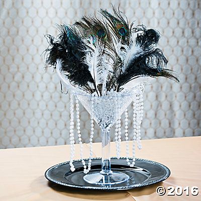 Roaring 20s / The Great Gatsby Centerpiece Idea #decor Roaring 20s Centerpieces, 20s Party Decorations, Homemade Centerpieces, Roaring 20s Birthday, Roaring 20s Theme, 20s Wedding, Great Gatsby Theme, 20s Party, 1920s Party