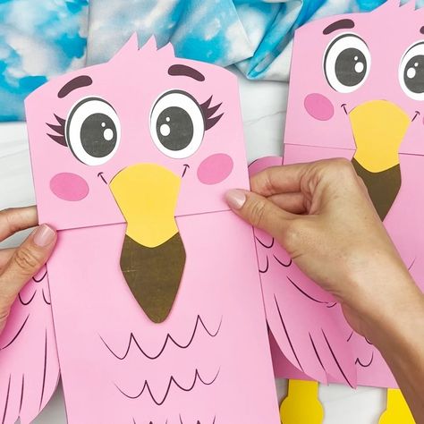 Flamingo Puppet Craft | blog, craft, paper bag | 🦩 Flamingo Paper Bag Craft ✂️ Get the template on the blog | By Fun Crafts For Kids Unicorn Paper Bag Puppet, Owl Paper Bag Puppet, Flamingo Puppet, Animal Puppets Paper Bag, Owl Puppet Paper Bag, Craft Paper Bag, Puppet Craft, Paper Bag Crafts, Bag Craft