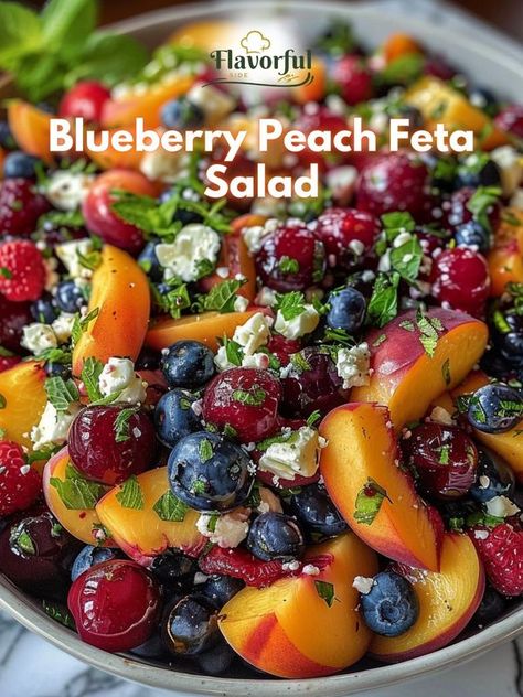 Flavorful side | Blueberry Peach Feta Salad | Facebook Peach Feta Salad, Hummingbird Cake Recipes, Feta Salad Recipe, Blueberry Salad, Creamy Feta, Recipes With Few Ingredients, Light Salad, Recipe Cover, Feta Salad