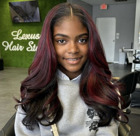 Burgundy Wig Highlights, Black Hair On Top Red Underneath, Red And Brown Hair Black Women, Burgundy Hair Black Roots, Burgundy Flip Over Quick Weave, Burgundy Hair Peekaboo, Red Highlights Black Women, Dark Red Streaks In Brown Hair, Burgundy Streaks In Black Hair