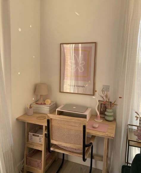 Small Desk Workspaces, Desk Inspiration Small Space, Small Desk In Small Bedroom, Simple Desk In Bedroom, Small Desk For Room, Dorm Room Study Table Ideas, Small Desk Styling, Work Space In Bedroom Desk Areas, Working From Home Desk Setup