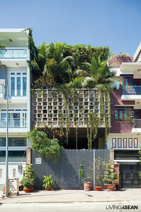 Modern Tropical House in Ho Chi Minh City /// Living Asean /// Tropical Architecture Exterior, Hot Climate Architecture, Homes With Plants, Modern Breeze Blocks, Home With Plants, Tropical Modernism, Tropical Houses Architecture, Urban House, Modern Tropical House