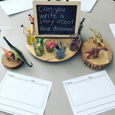 Literacy Provocations, Dinosaur Provocation Preschool, Year 2 Continuous Provision Writing, Dinosaur Continuous Provision, Dinosaur Inquiry Kindergarten, Year 1 Classroom, Reception Classroom, Reggio Inspired Classrooms, Reggio Classroom