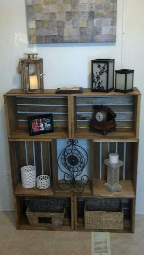 Wooden Crate Shelves, Crate Decor, Modern Farmhouse Furniture, Crate Bookshelf, Crate Table, Crate Ideas, Crate Shelves, Inside Decor, Crate Furniture