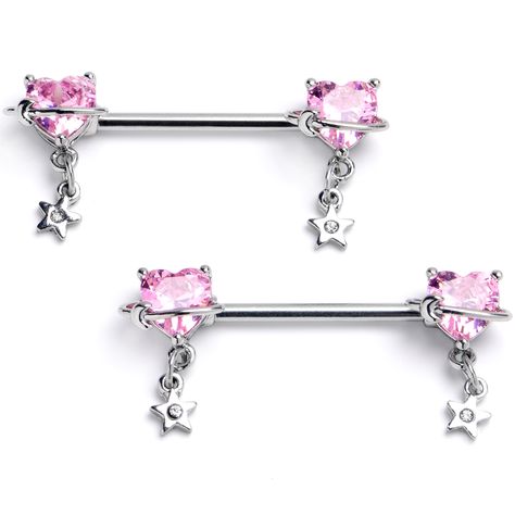 14 Gauge 9/16 Pink Cz Heart Starry Saturn Dangle Nipple Ring Set - Surgical Grade Stainless Steel - Body Candy Cherry Piercing, Pink Piercings, Body Candy Jewelry, Chest Piercing, Piercing Rings, Pregnancy Belly Rings, Horseshoe Jewelry, Piercing Inspo, Planet Saturn