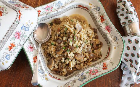 Food Lust People Love: This buttery pearl barley mushroom pilaf is a wonderful holiday side dish made with garlic, thyme, white wine and Pecorino. This recipe is easily doubled or trebled if you are fortunate enough to have family around this year. This dish is rich and creamy, rather like risotto without the faff of standing and stirring forever. The pearl barley has a similar al dente bite that we love. Barley Mushroom, Mushroom Pilaf, Sauteed Butternut Squash, Air Fried Green Beans, Make Ahead Mashed Potatoes, Baked Butternut Squash, Holiday Side Dish, Bacon Brussel Sprouts, Sweet Potato And Apple