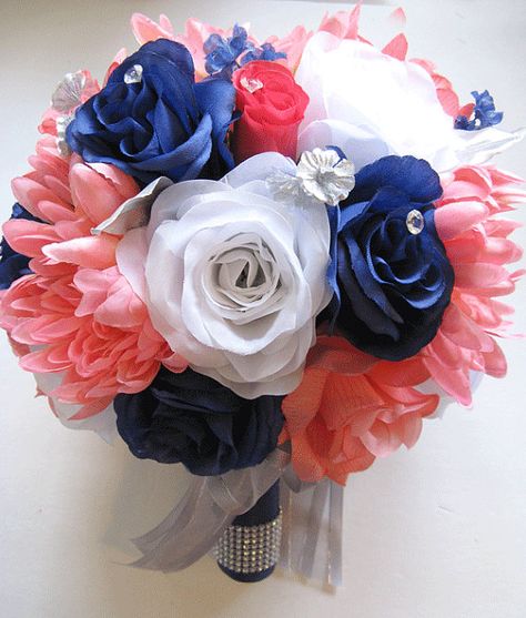 Free Shipping 15 pcs Wedding Silk flower Bouquet Bridal Package CORAL NAVY White SILVER Centerpiece Decorations RosesandDreams Coral Wedding Flowers, Silk Flower Bouquet, Calla Lily Bridal, Gold Bouquet, Peach Wedding Flowers, Silver Centerpiece, Silver Bridesmaid, Bridal Packages, Coral Navy