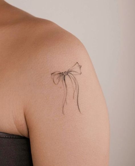 Small Feminine Shoulder Tattoos, Shoulder Bow Tattoo, Bow Shoulder Tattoo, Bow Tattoo Shoulder, Minimal Shoulder Tattoos For Women, Mini Shoulder Tattoo, Fine Line Shoulder Tattoos For Women, Bow Tattoos For Women, Tattoo On Shoulder For Women