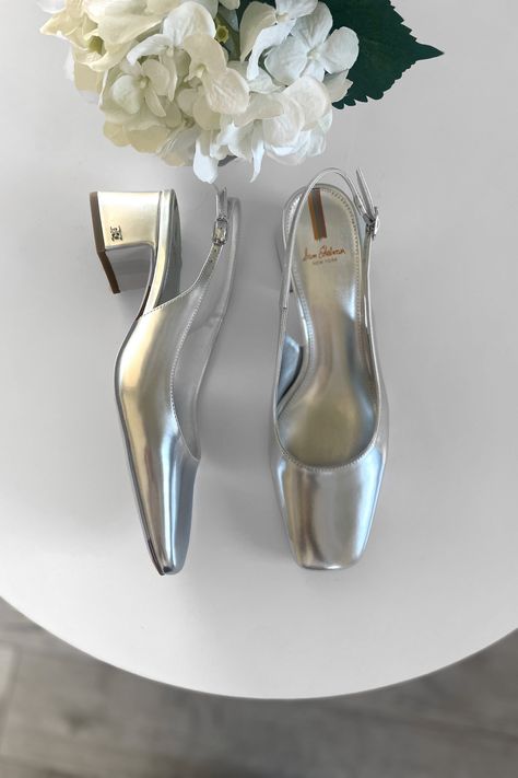 A touch of silver this season with these silver shoes 🩶⚡️ Silver Mary Jane shoes, silver block heel shoes, silver sling back shoes, Mary janes shoes, Parisian shoes, fall shoes, shoes 2024 Metallic Evening Shoes, Silver Mary Jane Shoes, Silver Slingback Heels Outfit, Silver Mary Jane Shoes Outfit, Silver Mary Janes, Silver Mary Janes Outfit, Silver Heels Aesthetic, Slingback Heels Outfit, Silver Shoes Outfit