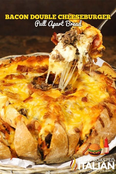 42 Mouthwatering Pull-Apart Recipes | Bacon Cheeseburger Pull-Apart Bread Pull Apart Recipes, Monkey Breads, Stuffed Breads, Pull Aparts, Breakfast Bakes, Bread Pull Apart Recipes, Double Cheeseburger, The Slow Roasted Italian, Mexican Pizza