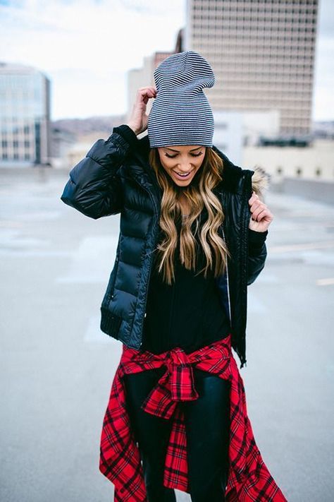 Shop this look on Lookastic:  https://lookastic.com/women/looks/puffer-jacket-zip-sweater-dress-shirt/14454  — White and Navy Horizontal Striped Beanie  — Black Puffer Jacket  — Black Zip Sweater  — Red Plaid Dress Shirt  — Black Leather Skinny Jeans Outfit With Flannel, Alternative Fashion Men, Indie Outfits Alternative Fashion, Red Flannel, Bohol, Cute Winter Outfits, Outfit Winter, Swag Style, Indie Outfits