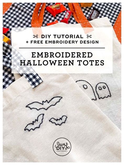 Get ready for Halloween with these cute and easy DIY embroidered Halloween tote bags! We’re sharing step by step sewing instructions and a FREE PDF embroidery sewing pattern. Click through for all of the details on this fun and simple Halloween craft. Fabric crafts, fall sewing crafts Fall Sewing Crafts, Halloween Trick Or Treat Bags, Spooky Books, Embroidered Halloween, Fall Sewing, Simple Tote, Easy Halloween Crafts, Embroidery Template, Halloween Tote Bag