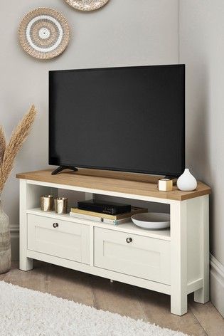 Malvern Corner TV Stand Oak Tv Corner Unit, Tv Over Cabinet, Living Room Designs Corner Tv, Tv Stand For Bedroom Small Spaces, Living Room With Corner Tv, Corner Tv Stand Ideas Living Rooms, Tv Corner Unit Ideas, Corner Tv Unit Ideas Living Room, Tv Corner Units