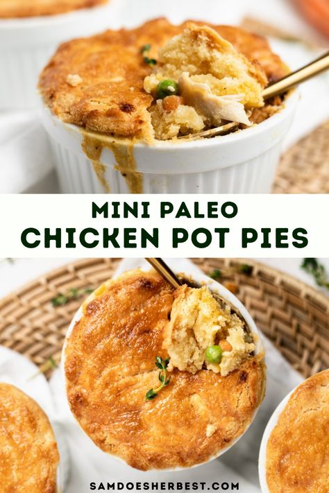 These paleo chicken pot pies are equal parts delicious and adorable! Extremely cozy, rich, and satisfying – this recipe will quickly become one of your favorites. These individual paleo chicken pot pies contain all of the flavor of traditional chicken pot pie, but are much lighter and healthier. Dairy Free Chicken Pot Pie, Paleo Chicken Pot Pie, Chicken Pot Pies, Aip Paleo Recipes, Pot Pies Recipes, Pot Pies, Fall Dinner Recipes, Aip Recipes, Chicken Pot Pie Recipes