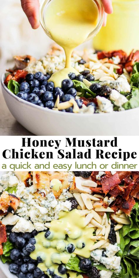 Honey Mustard Chicken Salad - a quick and easy recipe for the perfect summer salad, full of juicy chicken, crisp bacon, crunchy almonds, fresh blueberries, gorgonzola cheese and a creamy homemade salad dressing! The perfect lunch or dinner option all summer long! Quick Lunch Salads, Easy Salads With Chicken, Chicken And Goat Cheese Salad, Honey Mustard Cobb Salad, Full Meal Salads Dinners, Salad And Protein Recipes, Chicken Gorgonzola Salad, Simple Salad With Chicken, Dinner Salad Recipes Main Courses Chicken