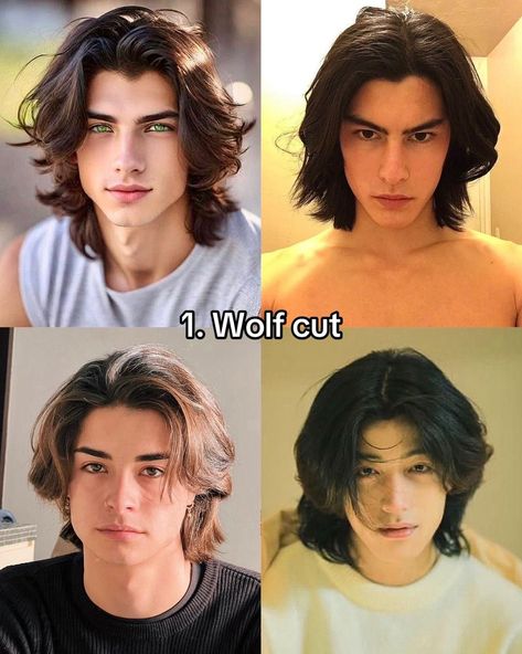 wolf cut for boys Manly Long Hairstyles, Anime Haircut Men, Wolf Cut For Men, Wolf Cut Men, Men Haircut Ideas, New Hairstyles For Men, Long Hair Boy, Ftm Haircuts, Hair Wolf Cut