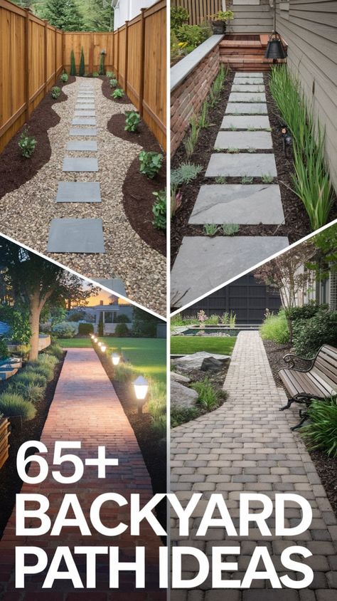 Upgrade your outdoor space with these beautiful backyard path ideas! From stone walkways to gravel trails, create a scenic and inviting garden path. 🌼✨ #GardenDesign #BackyardInspo #OutdoorLiving #LandscapingIdeas Path From Driveway To Backyard, Outdoor Paths And Walkways, Rock Trail Backyard, Garden Path With Pavers, Backyard Entrance Ideas Pathways, Gravel And Stone Walkway, Walking Paths Landscape, Landscape Pathway Ideas, Small Garden Path Ideas