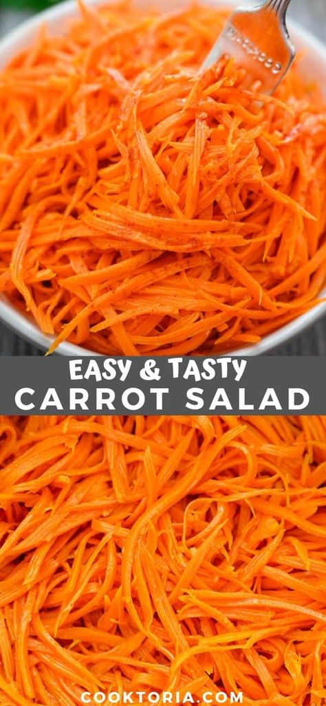 Ready in just a few minutes, this Korean-style Carrot Salad is amazing! It’s fresh, crunchy, and seriously addicting! FOLLOW Cooktoria for more deliciousness! #carrots #salad #vegan #vegetarian #lunch #appetizer #recipeoftheday Korean Carrot, Carrots Salad, Carrot Recipes Side Dishes, Carrot Recipe, Carrot Salad Recipes, Carrot Slaw, Summer Salads With Fruit, Raw Carrots, Salad Vegan