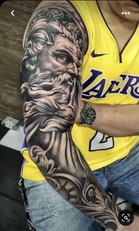 Greek God Tattoo, Poseidon Tattoo, Zeus Tattoo, Greek Mythology Tattoos, Men Tattoos Arm Sleeve, God Tattoos, Forearm Sleeve Tattoos, Mythology Tattoos, Greek Tattoos