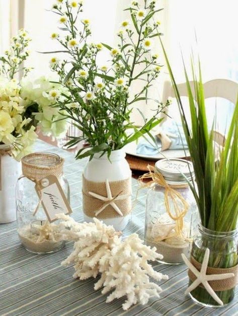 Coastal & Beach Theme Vases | Bouquet Ideas with Flowers & Greens | DIY & Shop - Coastal Decor Ideas Interior Design DIY Shopping Beach Mason Jars, Summer Table Centerpieces, Beach Jar, Vases Ideas, Summer Table Decorations, Home Decor Indian, Vase Deco, Vase Transparent, Diy Shop