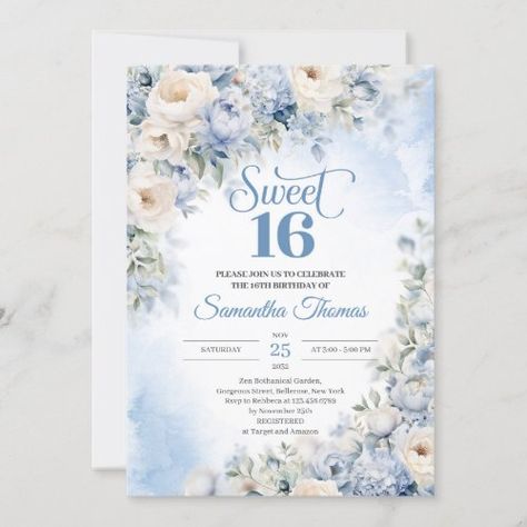 Winter Dusty Blue and Ivory Flowers Sweet 16 #dustyblueandivoryflowers #bluepeoniescreamrosessixteen #bohowatercolorpowderblueflowers #winterlightbluebeigehydrangea #icebluefloralcornereucalyptus #azurebluegreeneryfoliage #beigeivoryrosessweet16 #trendycalligraphyhandwritinglettering #bohemianwhiterosesflowers #stylishseasonaliceblueflowers Light Blue Sweet 16 Invitations, Dusty Blue Hydrangea, Blue Sweet 16, Flowers Invitation, Sweet Sixteen Invitations, Blue Invitation, Blue Peonies, 50th Birthday Invitations, Boho Blue