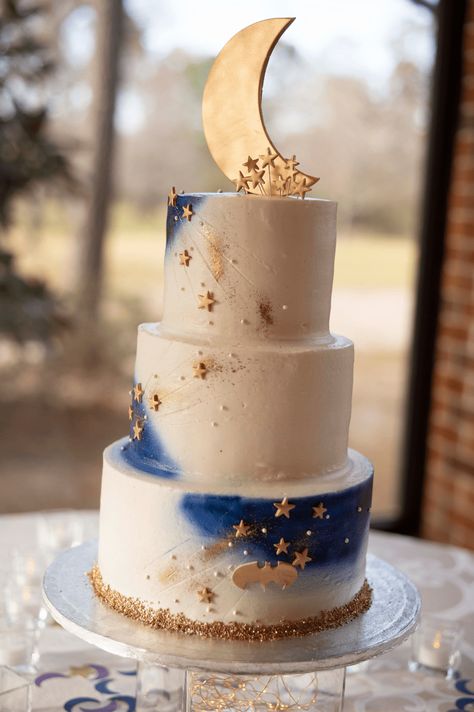 Celestial Dessert Table, Celestial Wedding Cakes, Celestial Cake Wedding, Starry Wedding Cake, Quirky Wedding Cake, Star Themed Wedding Cake, Night Sky Wedding Cake, Space Themed Wedding Cake, Space Wedding Cake