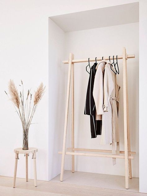 (paid link) Urban interior design - Clothes rack bedrooms - mosey in closets - shelves - custom solutions intended in Copenhagen. View the collections. Clothing Rack Bedroom, Diy Clothes Rack, Clothing Store Interior, Leather Wall, Dekorasi Kamar Tidur, Plywood Furniture, Clothes Rack, Store Interior, Nordic Design