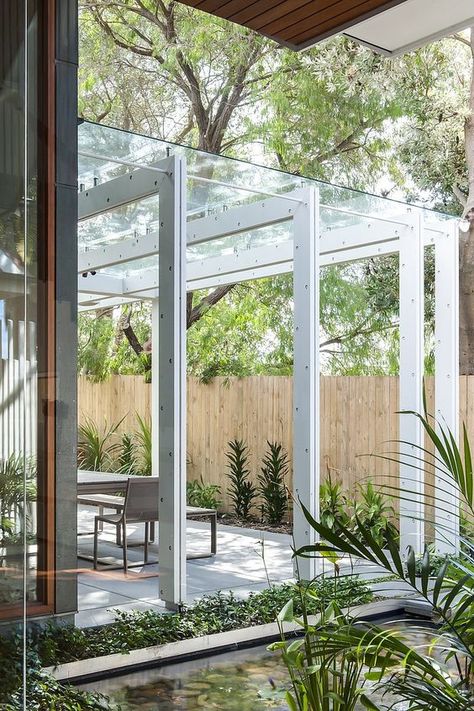 Pergola with stainless steel beams and a glass top: Modern Pergola Designs, Sydney House, Kolam Air, Garden Pergola, Steel Pergola, Building A Pergola, Modern Pergola, Metal Pergola, Wood Pergola