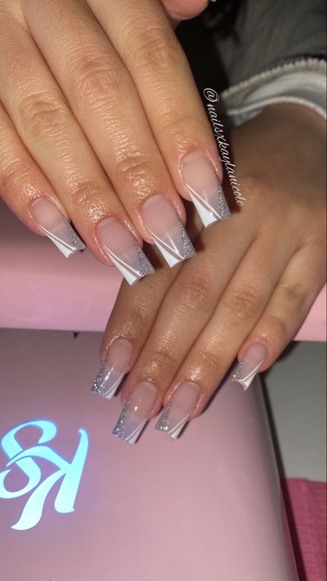 V Cut Nails, Nail Silver, Cut Nails, Glitter French Tips, How To Cut Nails, V Cut, V Cuts, Silver Glitter, Stylish Nails