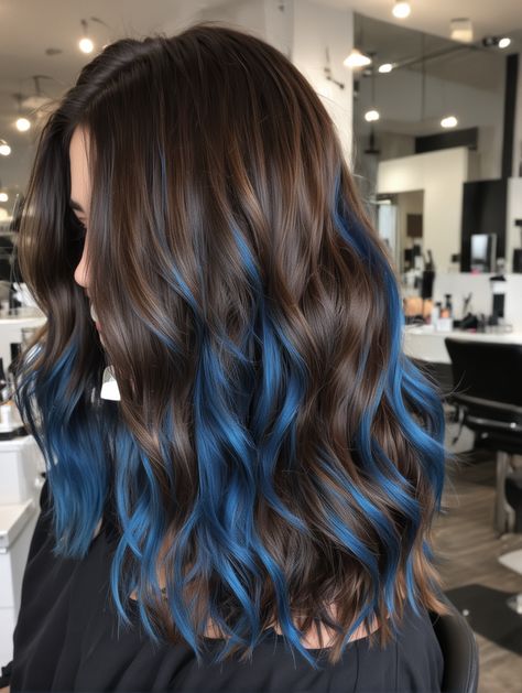 35 Jaw-Dropping Blue Hair Ideas You’ll Want to Copy Immediately – Scan to Talk Hair Color Ideas Highlights Blue, Ideas On How To Dye Your Hair, Blue Hair Color On Brown Hair, Blue Brown Balayage, Brown Hair Ideas Color, Blue Over Brown Hair, Cute Blue Hairstyles, Blue Balyage Long Hair Brunettes, Subtle Blue Hair Brunette