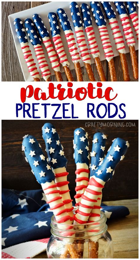 American Flag Pretzel Rods- patriotic dessert treat idea for the kids. 4th of july party dessert to bring. Centerpiece idea. Memorial day treats. Easy Office Desserts, Veterans Day Treats For Veterans, Patriotic Pretzel Rods, 4th Of July Pretzel Rods, Fourth Of July Food Snacks Party Ideas, Fancy Pretzels, Patriotic Desserts 4th Of July, Patriotic Pretzels, Memorial Day Treats