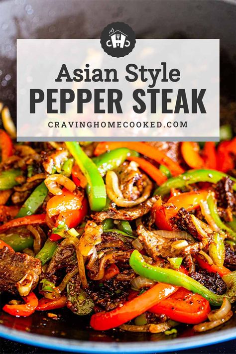 Tender Strips of beef stir fried with peppers and onions with a delicious Asian style sauce. A super simple pepper steak dinner that can be on your dinner table in 25 minutes tops, using simple and fresh ingredients. #peppersteak #steak #asian #takeoutfakeout #recipe Beef Strips Recipes, Pepper Steak Recipe Easy, Peper Steak, Pepper Steak And Onions, Steak Stirfry Recipes, Asian Steak, Strip Steak Recipe, Steak And Rice, Pepper Steak Recipe