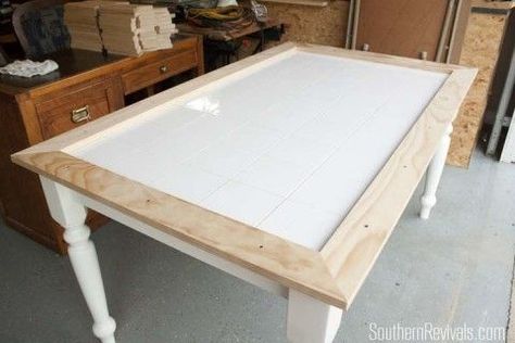 Tile Top Table Makeover | Updating a Tile Top Table with Wood Part 1 - Southern Revivals Tile Top Table Makeover, Table Top Redo, Tile Top Table, Diy Table Makeover, Tile Top Tables, Tile Tables, Diy Kitchen Table, Floor Makeover, Kitchen Table Makeover