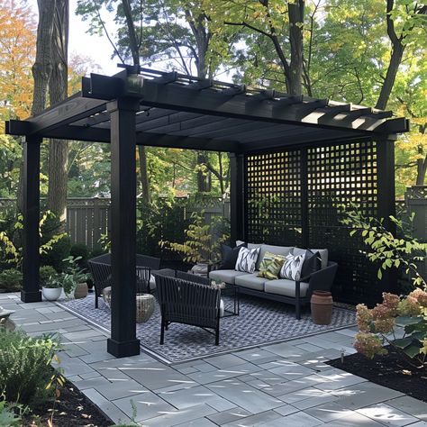 Get inspired to create your dream outdoor oasis! Discover stylish ideas for your garden, patio, or poolside and bring your vision of luxurious outdoor living to life. 💗😆😌 Pergola Patio Black, Black Pergola Attached To House, Garden Gazebo Modern Pergola Designs, Black Pergola Ideas, Yard Fence Landscaping, Cute Patio Ideas, House With Pond, Patio Paving Ideas, Black Gazebo